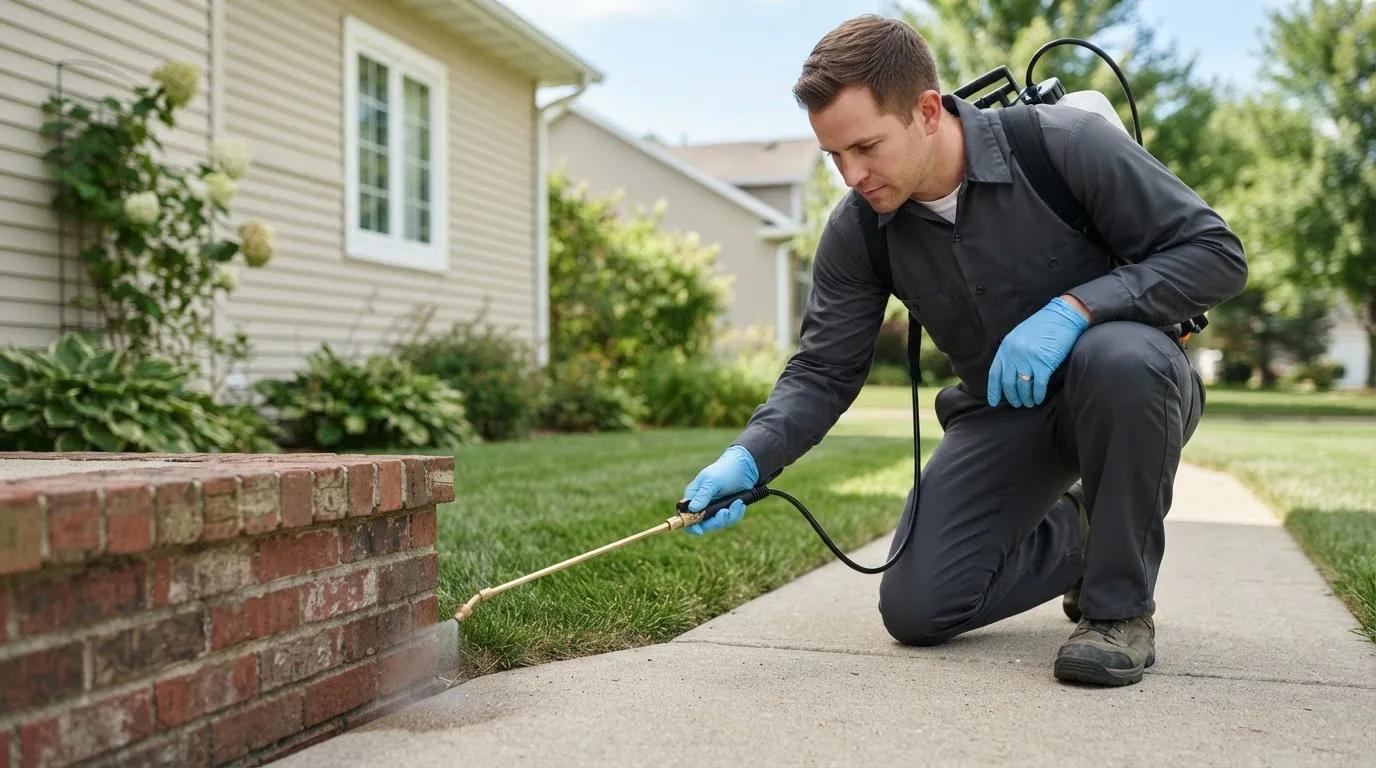 Pest control technician treating a home near Winamac, IN