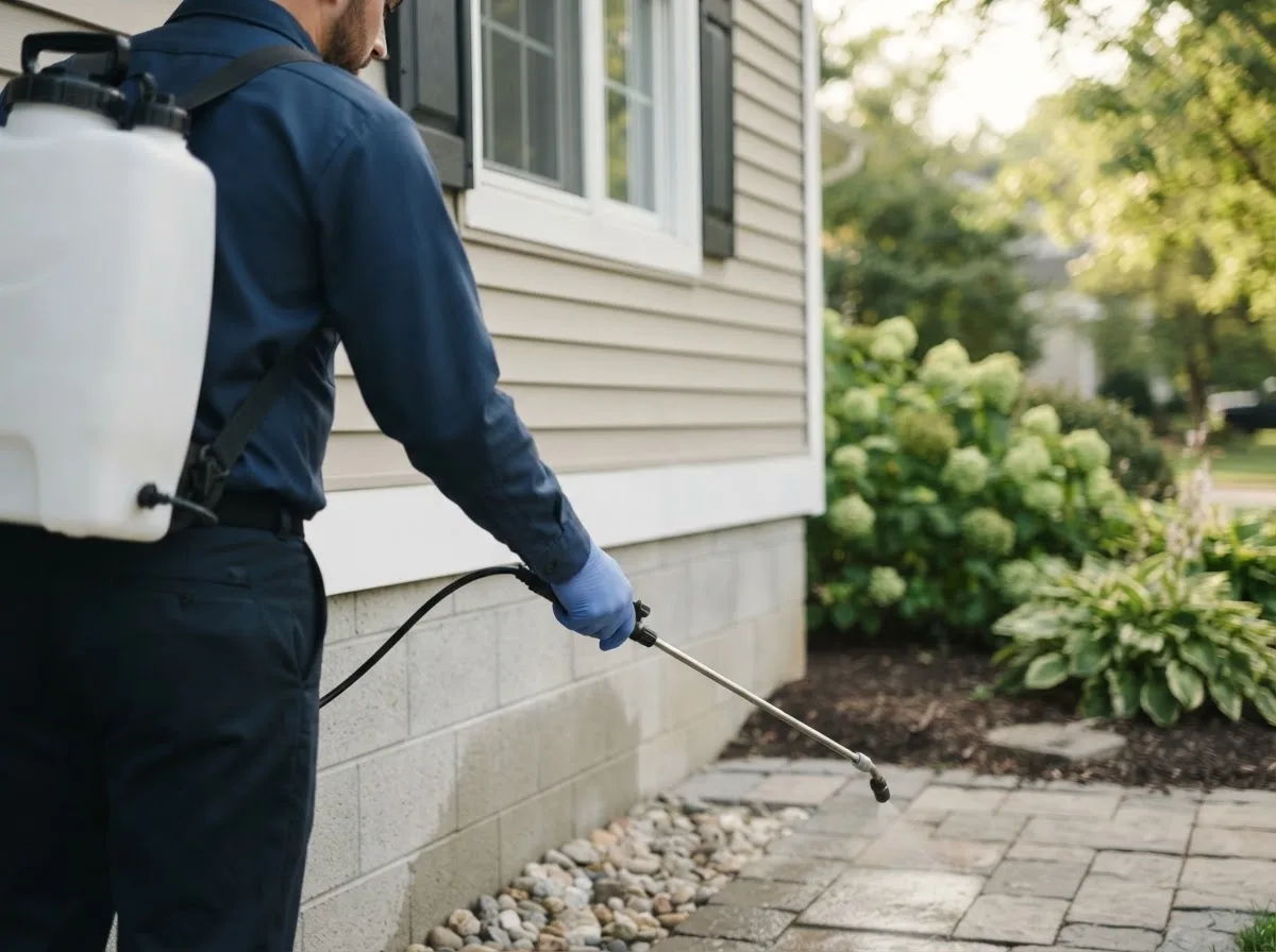 Pest control technician inspecting a home in Winamac, IN